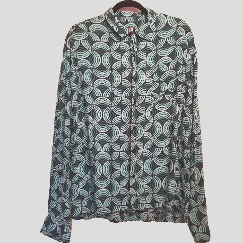 Super Massive Mens Large Geometric Green Swirl Button Up Eclectic Maximalist
